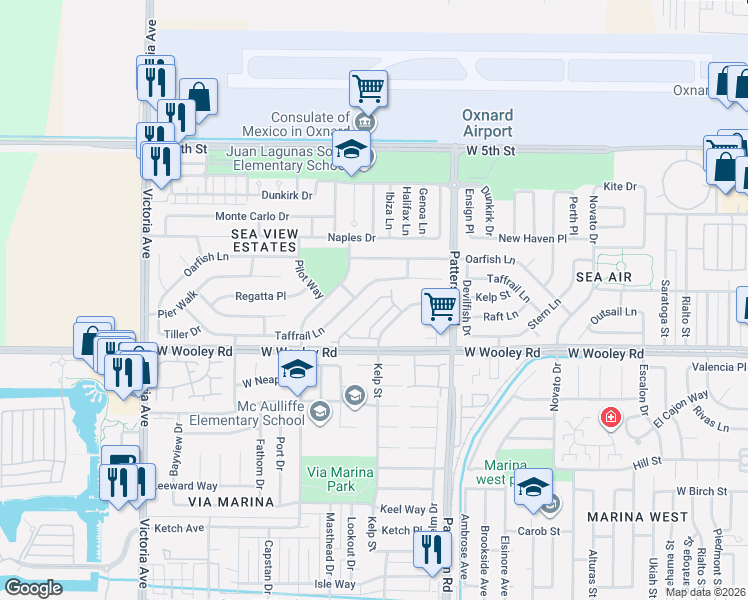 map of restaurants, bars, coffee shops, grocery stores, and more near 3100 Taffrail Lane in Oxnard
