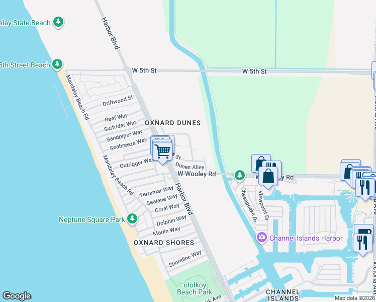map of restaurants, bars, coffee shops, grocery stores, and more near 4953 Dunes Circle in Oxnard