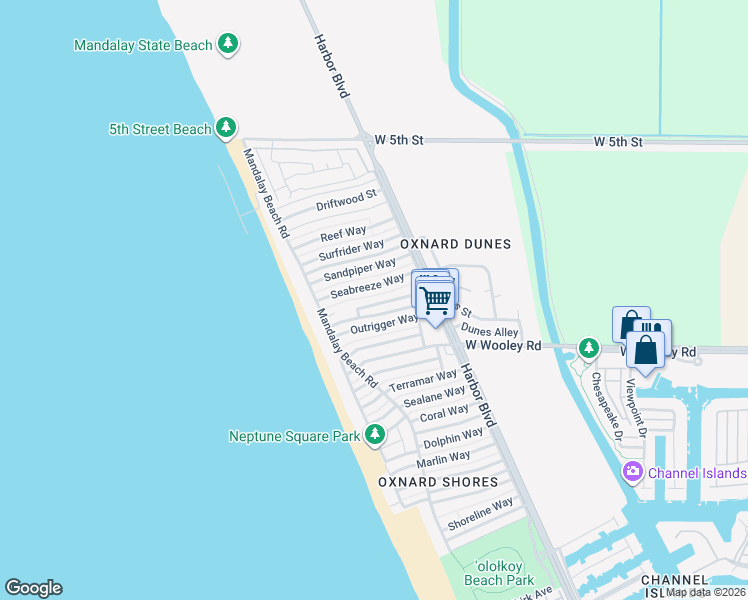 map of restaurants, bars, coffee shops, grocery stores, and more near 5230 Seabreeze Way in Oxnard