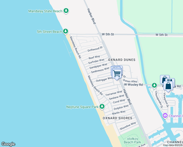 map of restaurants, bars, coffee shops, grocery stores, and more near 5331 Seabreeze Way in Oxnard