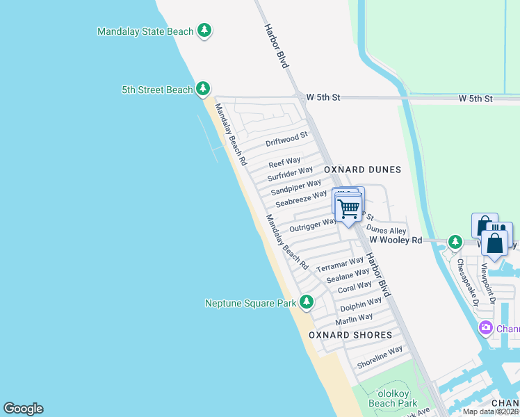 map of restaurants, bars, coffee shops, grocery stores, and more near 935 Mandalay Beach Road in Oxnard