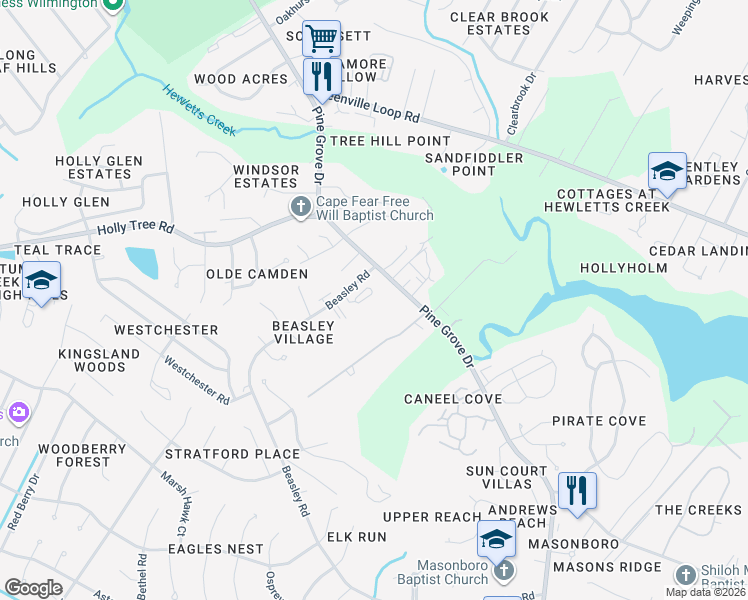map of restaurants, bars, coffee shops, grocery stores, and more near 2640 Broadbill Lane in Wilmington