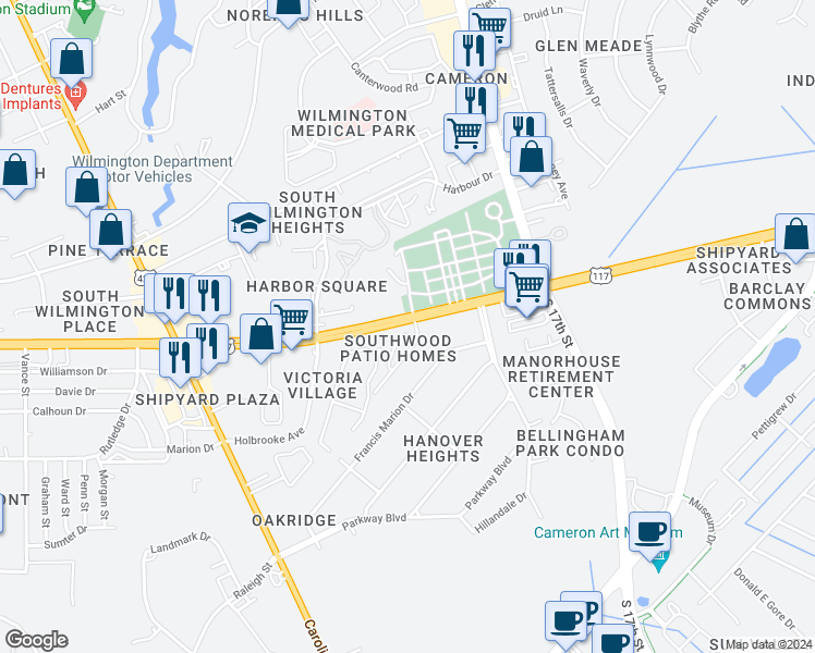 map of restaurants, bars, coffee shops, grocery stores, and more near 1160 Shipyard Boulevard in Wilmington