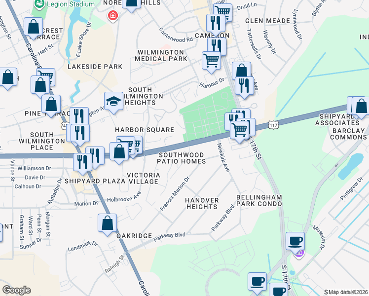 map of restaurants, bars, coffee shops, grocery stores, and more near 1160 Shipyard Boulevard in Wilmington
