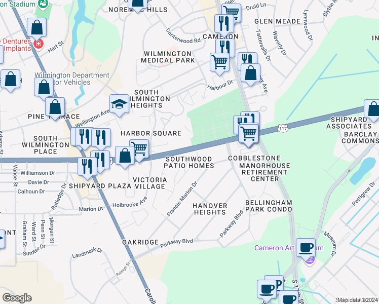 map of restaurants, bars, coffee shops, grocery stores, and more near 1160 Shipyard Boulevard in Wilmington