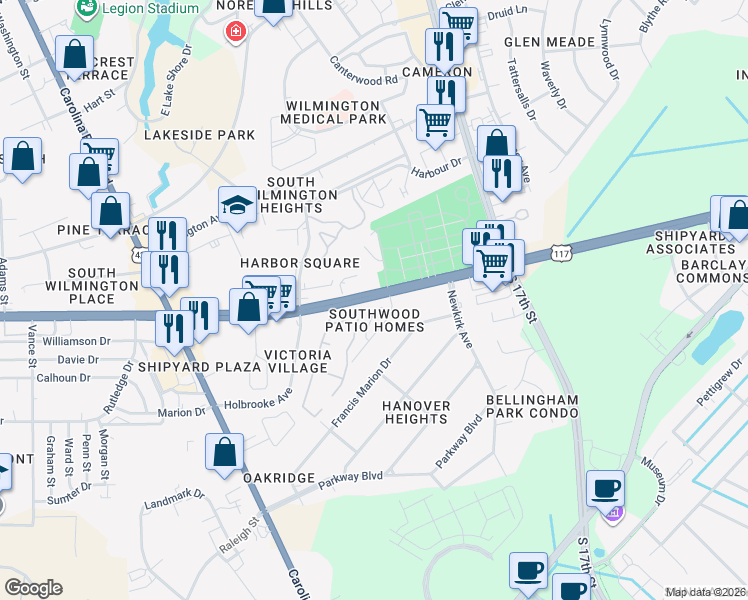 map of restaurants, bars, coffee shops, grocery stores, and more near 1160 Shipyard Boulevard in Wilmington