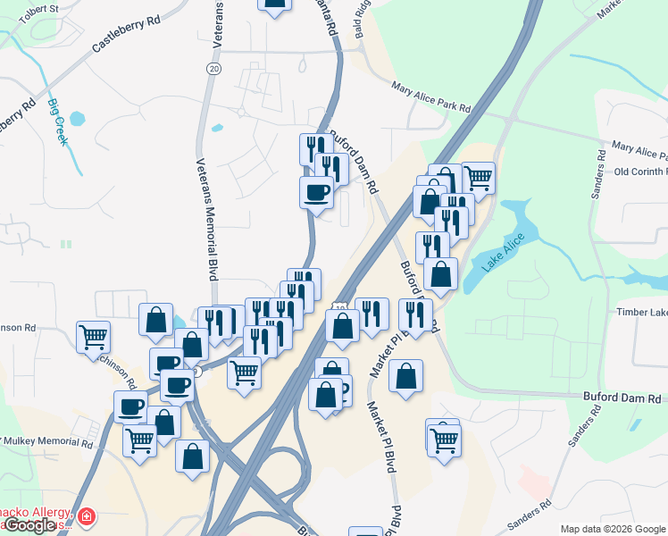 map of restaurants, bars, coffee shops, grocery stores, and more near 106 Colony Park Drive in Cumming