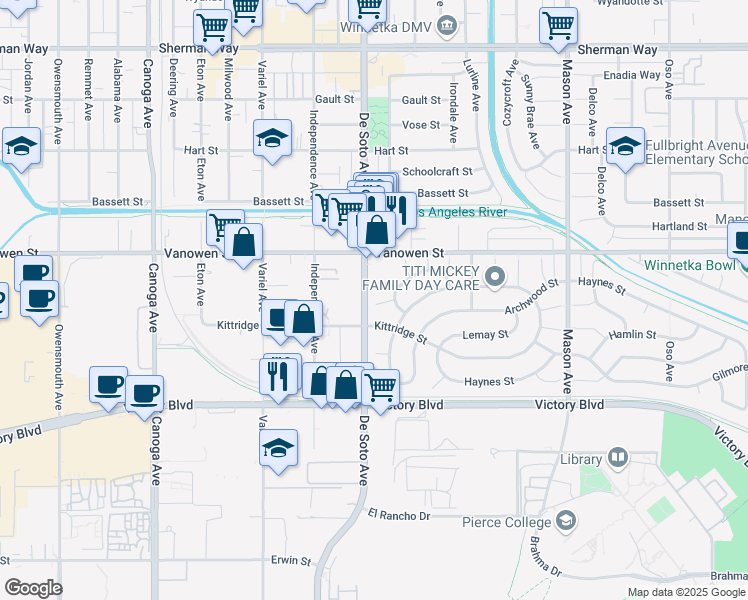 map of restaurants, bars, coffee shops, grocery stores, and more near 20851 Jan Street in Los Angeles