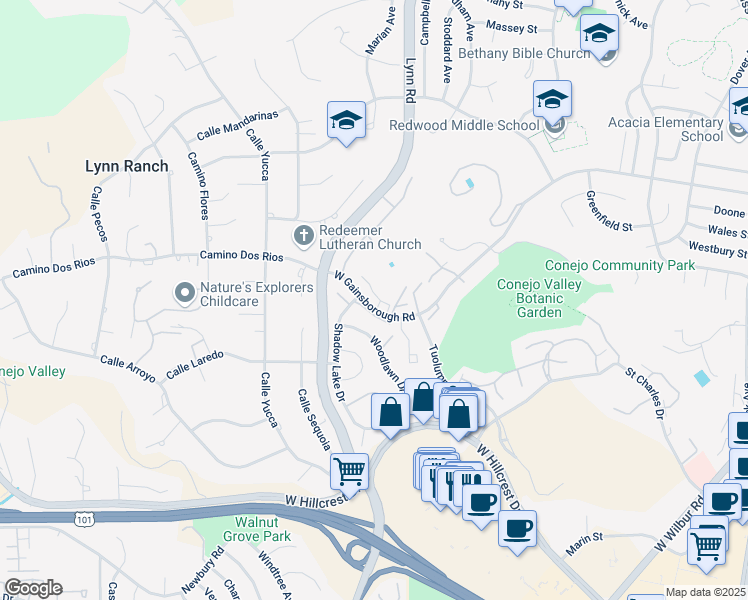 map of restaurants, bars, coffee shops, grocery stores, and more near 586 Tree Top Lane in Thousand Oaks