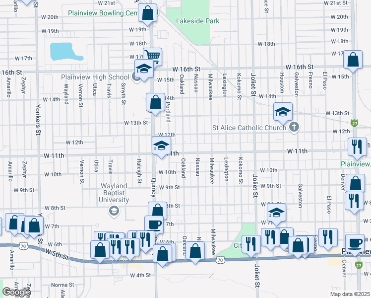 map of restaurants, bars, coffee shops, grocery stores, and more near 1512 West 11th Street in Plainview