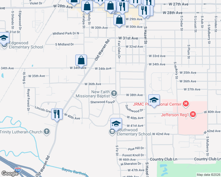 map of restaurants, bars, coffee shops, grocery stores, and more near 2610 West 36th Avenue in Pine Bluff