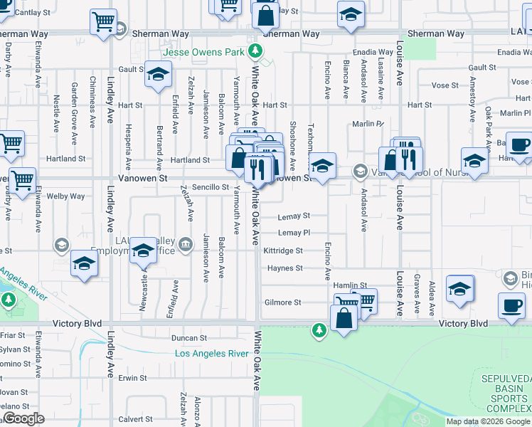map of restaurants, bars, coffee shops, grocery stores, and more near 17649 Lemay Street in Los Angeles