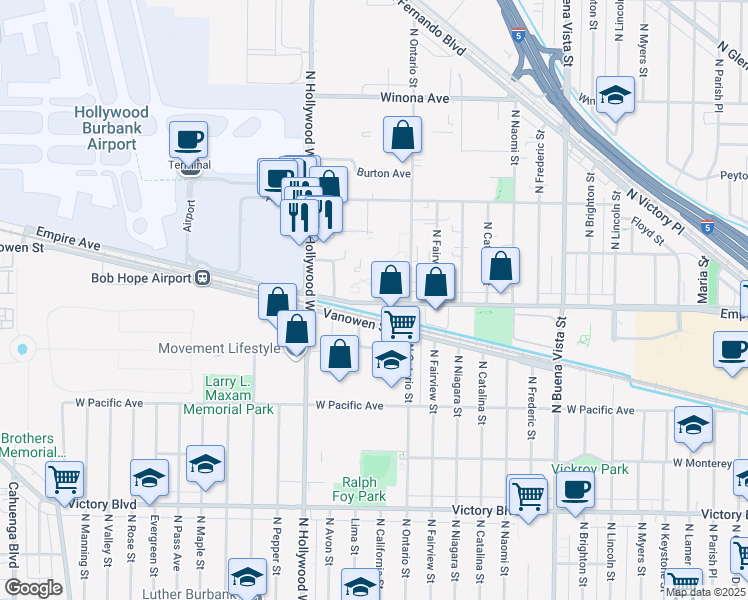 map of restaurants, bars, coffee shops, grocery stores, and more near 3333 West Empire Avenue in Burbank