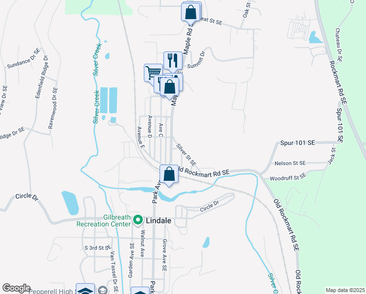 map of restaurants, bars, coffee shops, grocery stores, and more near 24 Silver Street Southeast in Lindale