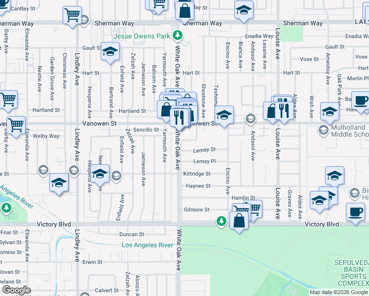 map of restaurants, bars, coffee shops, grocery stores, and more near 17649 Lemay Street in Los Angeles
