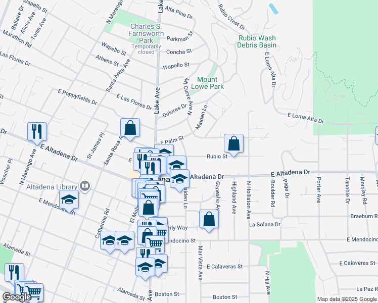 map of restaurants, bars, coffee shops, grocery stores, and more near 1085 Rubio Street in Altadena