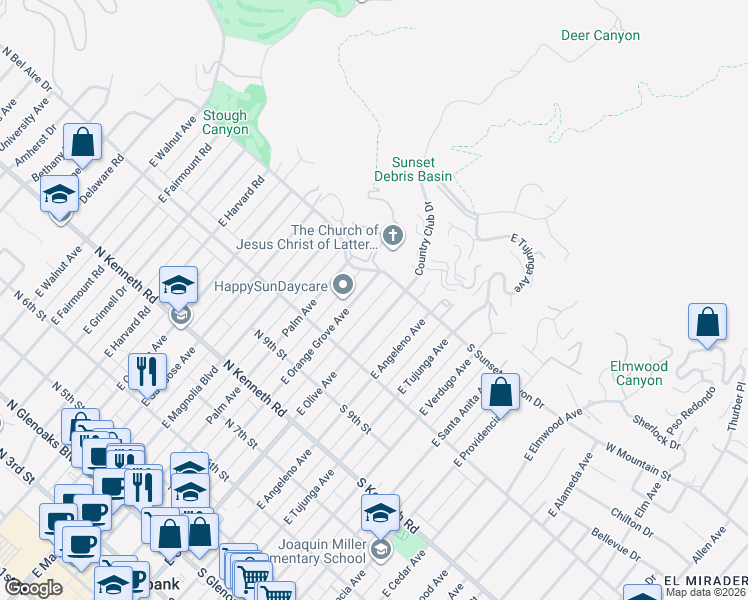 map of restaurants, bars, coffee shops, grocery stores, and more near 1058 East Orange Grove Avenue in Burbank