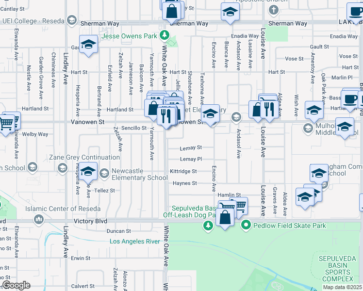 map of restaurants, bars, coffee shops, grocery stores, and more near 17621 Lemay Street in Los Angeles