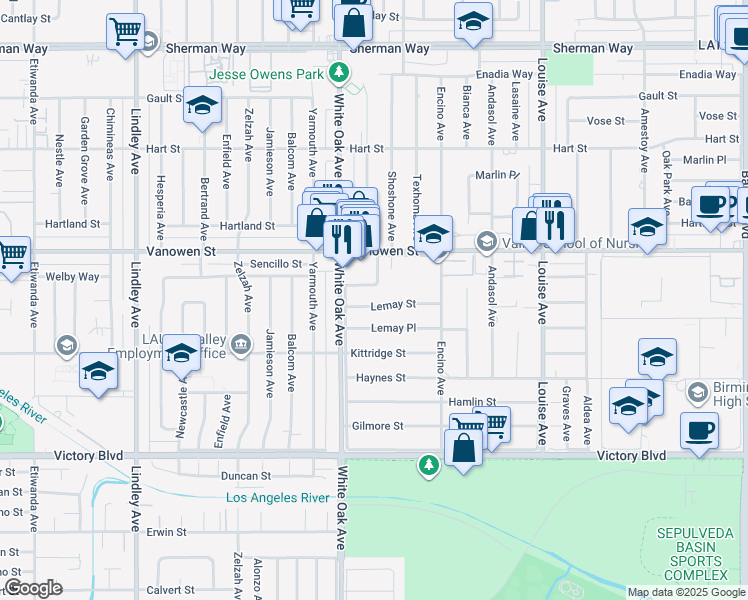 map of restaurants, bars, coffee shops, grocery stores, and more near 17621 Lemay Street in Los Angeles