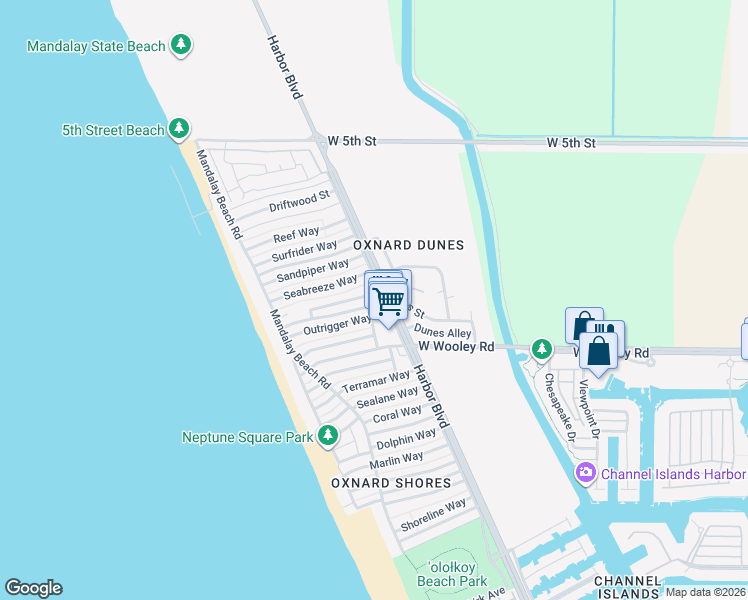 map of restaurants, bars, coffee shops, grocery stores, and more near 5113 Whitecap Street in Oxnard