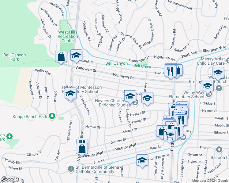 map of restaurants, bars, coffee shops, grocery stores, and more near 24106 Archwood Street in Los Angeles