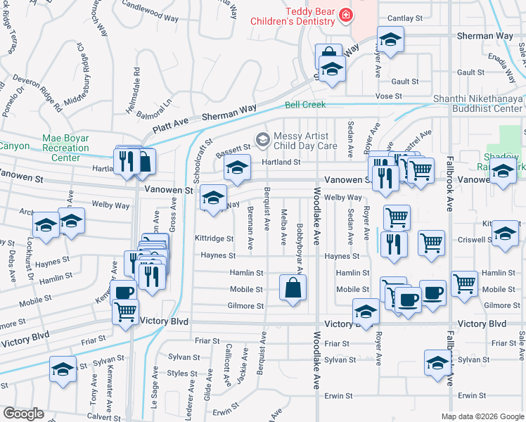 map of restaurants, bars, coffee shops, grocery stores, and more near 23308 Welby Way in Los Angeles