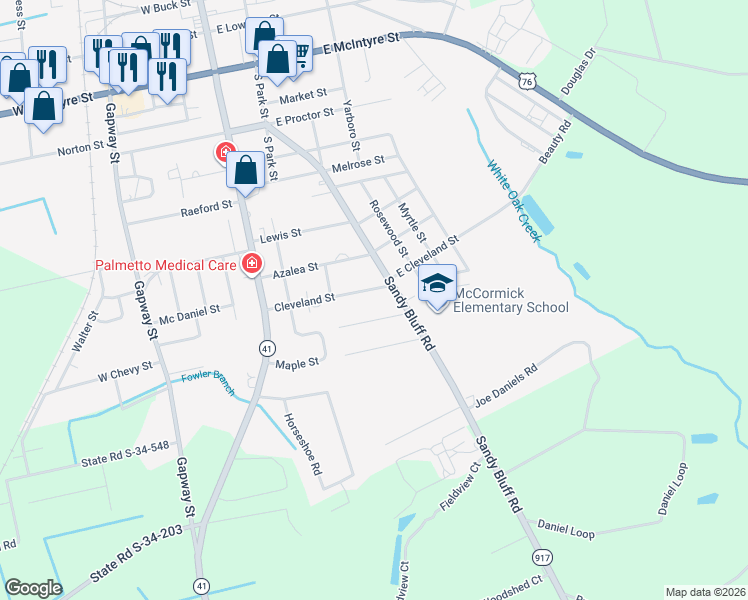 map of restaurants, bars, coffee shops, grocery stores, and more near 310 Cleveland Street in Mullins