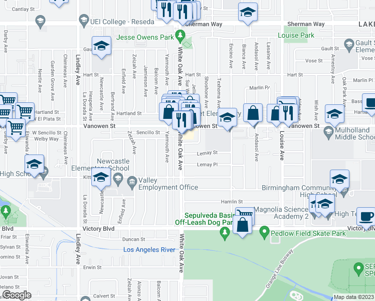 map of restaurants, bars, coffee shops, grocery stores, and more near 17649 Lemay Street in Los Angeles