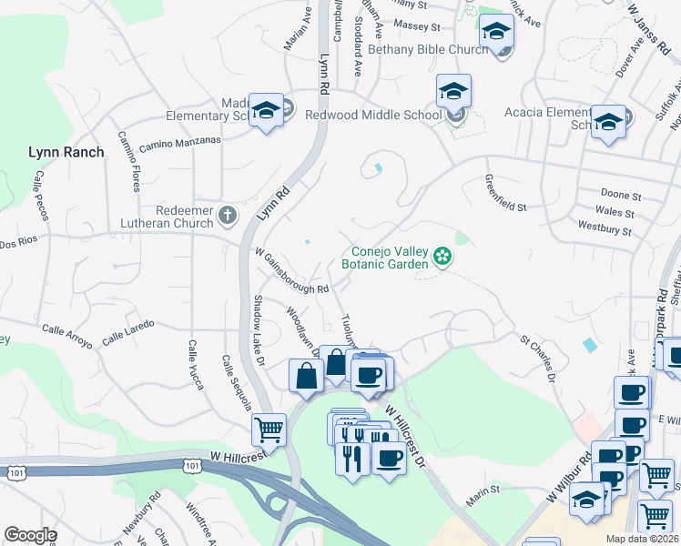 map of restaurants, bars, coffee shops, grocery stores, and more near 519 West Gainsborough Road in Thousand Oaks