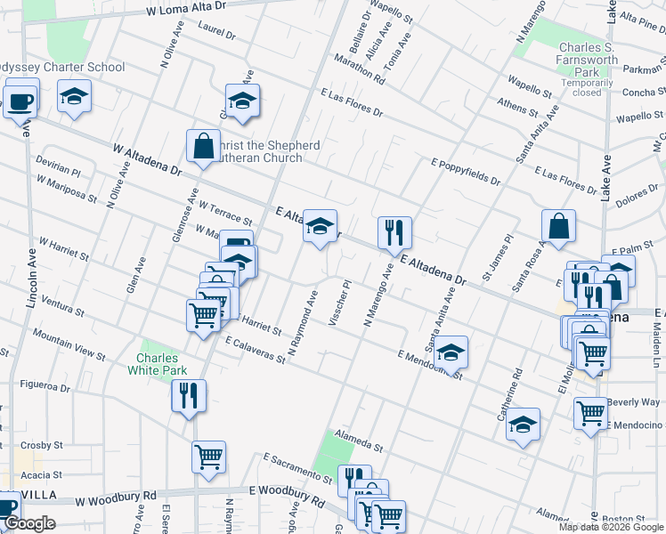 map of restaurants, bars, coffee shops, grocery stores, and more near 2715 Scripps Place in Altadena