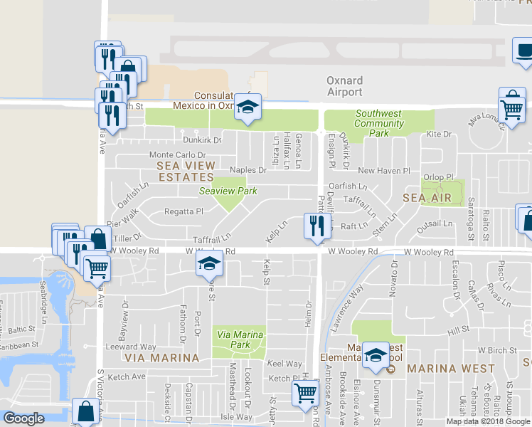 map of restaurants, bars, coffee shops, grocery stores, and more near 3135 Kelp Lane in Oxnard