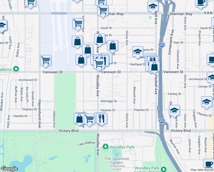 map of restaurants, bars, coffee shops, grocery stores, and more near 16021 Olympiad Lane in Los Angeles