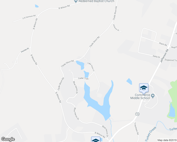 map of restaurants, bars, coffee shops, grocery stores, and more near 22 Lake Vista Lane in Commerce