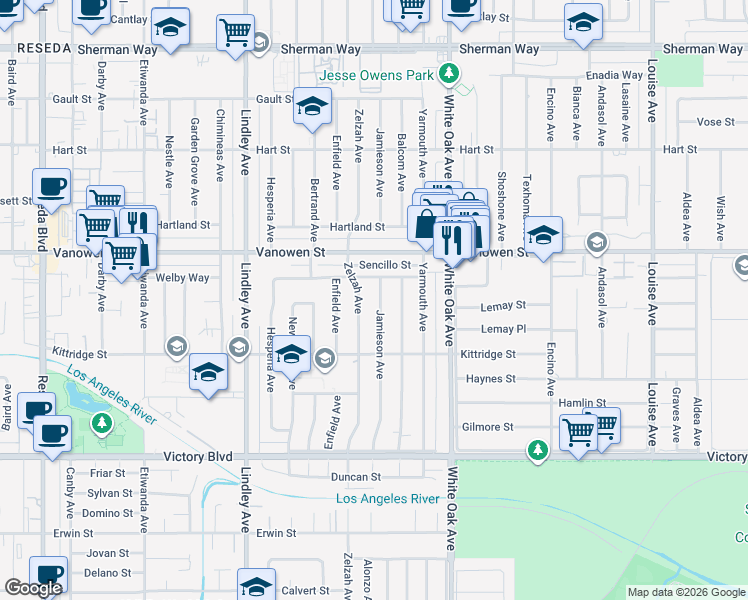 map of restaurants, bars, coffee shops, grocery stores, and more near 6709 Zelzah Avenue in Los Angeles
