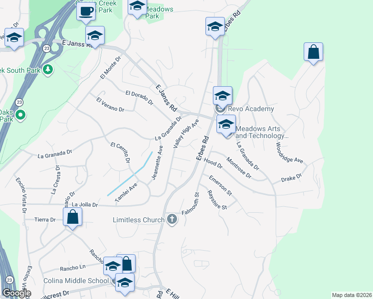 map of restaurants, bars, coffee shops, grocery stores, and more near 1754 Fisk Court in Thousand Oaks
