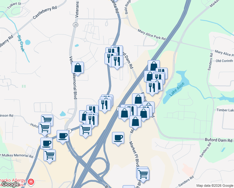 map of restaurants, bars, coffee shops, grocery stores, and more near 106 Colony Park Drive in Cumming