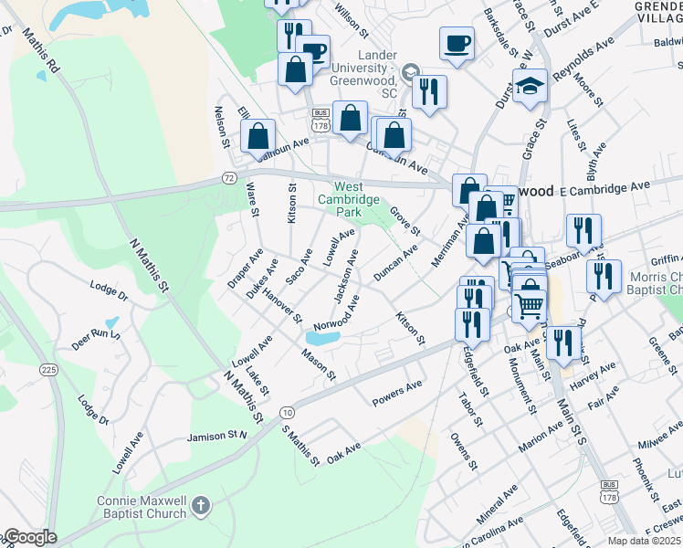 map of restaurants, bars, coffee shops, grocery stores, and more near 228 Jackson Avenue in Greenwood