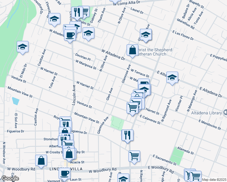 map of restaurants, bars, coffee shops, grocery stores, and more near 2734 Glen Avenue in Altadena