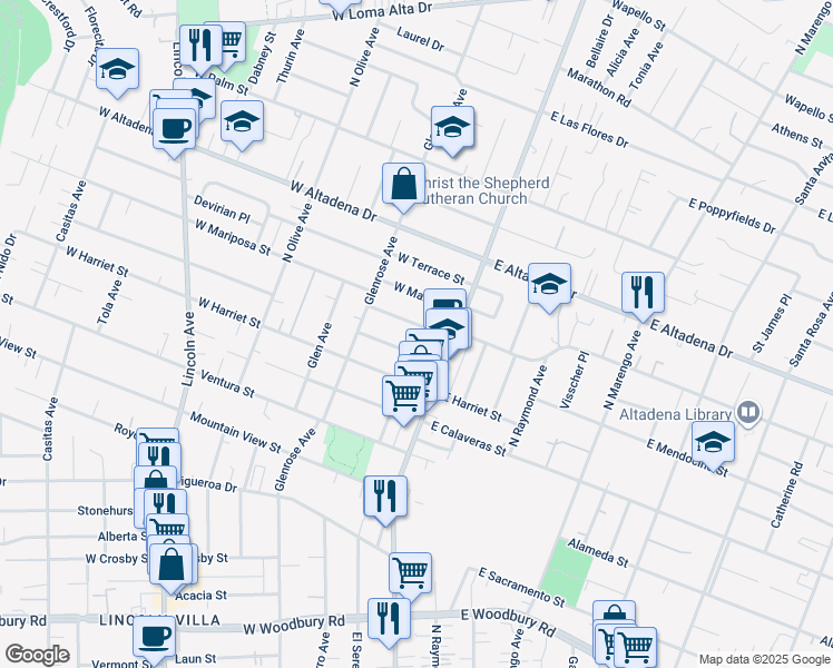 map of restaurants, bars, coffee shops, grocery stores, and more near 64 West Mariposa Street in Altadena