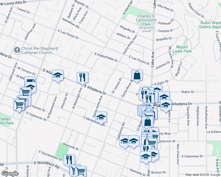 map of restaurants, bars, coffee shops, grocery stores, and more near 2741 Saint James Place in Altadena