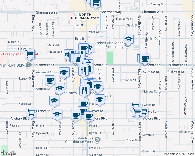 map of restaurants, bars, coffee shops, grocery stores, and more near 6645 Sylmar Avenue in Van Nuys