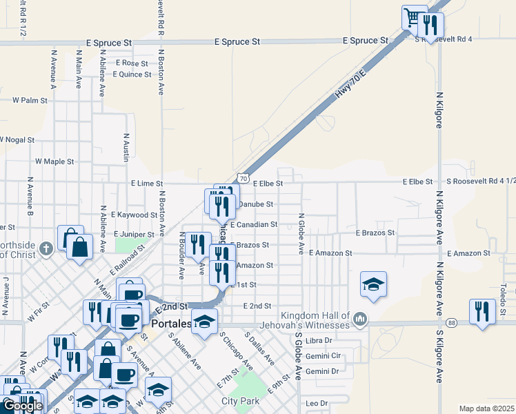 map of restaurants, bars, coffee shops, grocery stores, and more near 917 East Danube Street in Portales