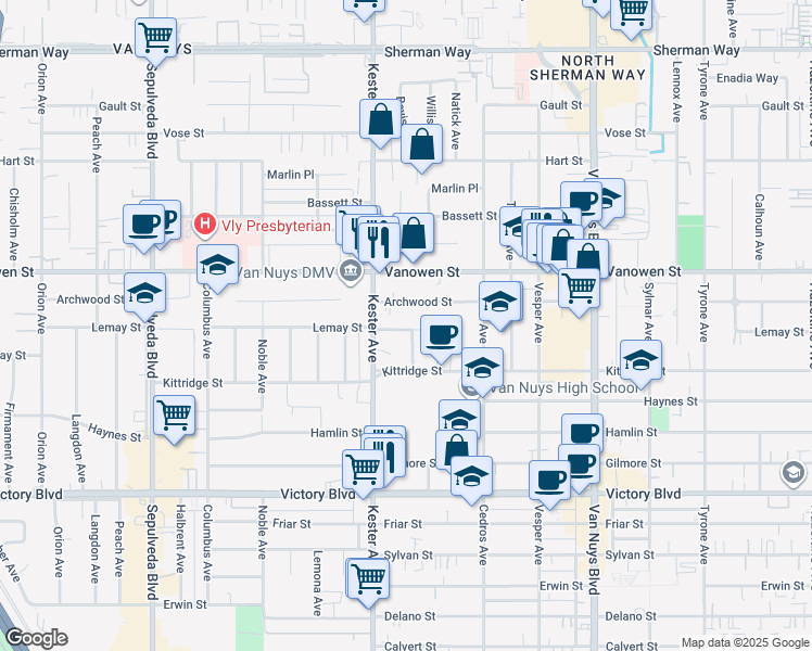 map of restaurants, bars, coffee shops, grocery stores, and more near 14829 Lemay Street in Los Angeles