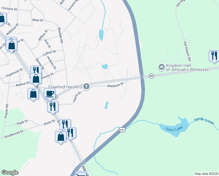 map of restaurants, bars, coffee shops, grocery stores, and more near 621 Madison Street in Commerce