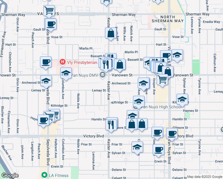 map of restaurants, bars, coffee shops, grocery stores, and more near 6654 Kester Avenue in Los Angeles