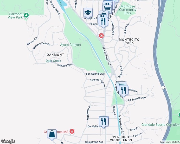 map of restaurants, bars, coffee shops, grocery stores, and more near 1617 San Gabriel Avenue in Glendale