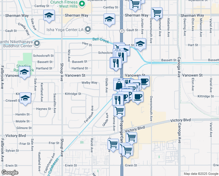 map of restaurants, bars, coffee shops, grocery stores, and more near 6713 Glade Avenue in Los Angeles
