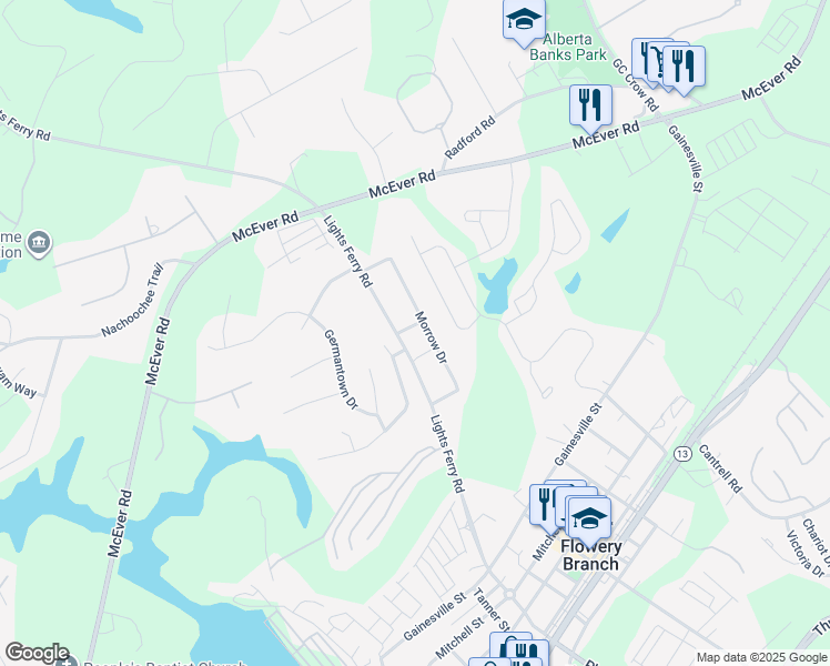 map of restaurants, bars, coffee shops, grocery stores, and more near 6054 Lights Ferry Road in Flowery Branch