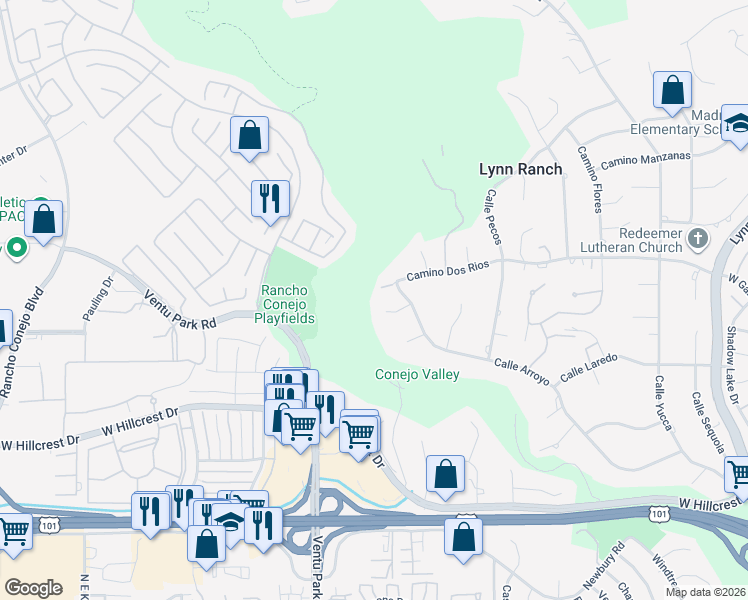 map of restaurants, bars, coffee shops, grocery stores, and more near 1251 Calle Las Casas in Thousand Oaks