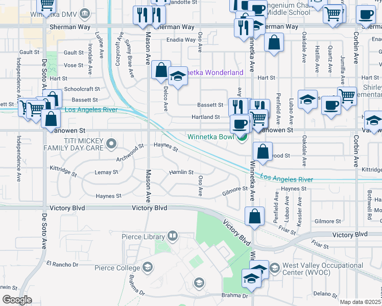 map of restaurants, bars, coffee shops, grocery stores, and more near 20329 Haynes Street in Los Angeles